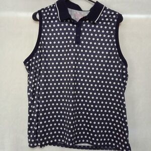 Lillie Green Womens XL Navy Blue White Polka Dot Sleeveless Golf Polo Top